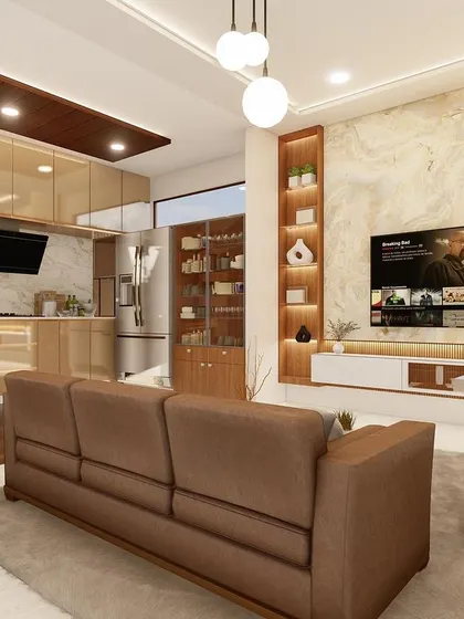 Another angle of the open-concept living and kitchen space, showing how the different zones are defined by flooring and furniture while maintaining a connected feel.
