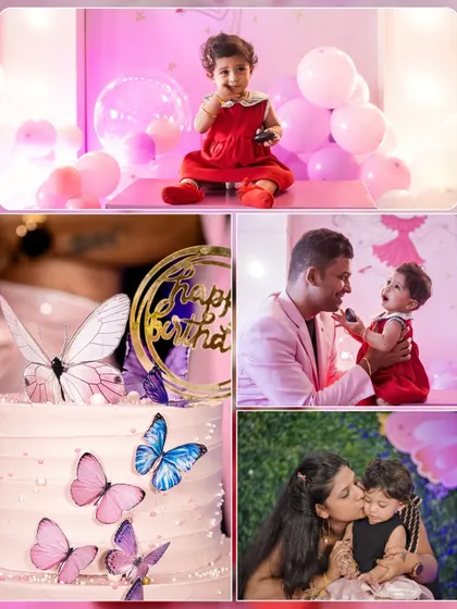 A collage showcasing highlights from a first birthday party. I capture everything from the cake cutting and family portraits to the beautiful decor details, telling the complete story of the event.