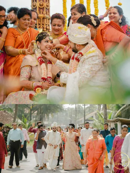 A collage capturing beautiful moments from a traditional wedding, from the bride's entrance to blessings from family.