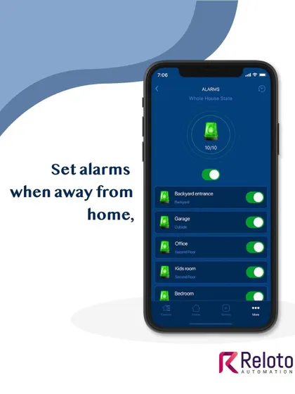 Your home's security is always at your fingertips. The app allows you to arm or disarm alarms for the whole house or specific zones, like the garage or office, ensuring peace of mind when you're away.