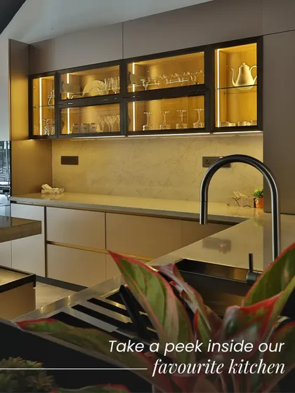 Take a peek inside one of our favorite kitchen projects. The warm, under-cabinet lighting highlights the beautiful glassware, while the sleek, modern faucet and minimalist cabinetry create a space that is both inviting and impeccably stylish.