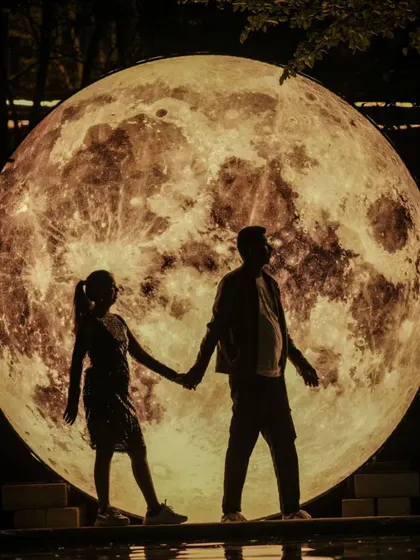 A creative silhouette of a couple holding hands against a large, illuminated moon prop. This is a truly magical and memorable shot.