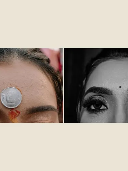 A diptych of close-up details: a coin on the bride's forehead for a ritual, and the final touches of makeup. These macro shots add a different texture to the album.