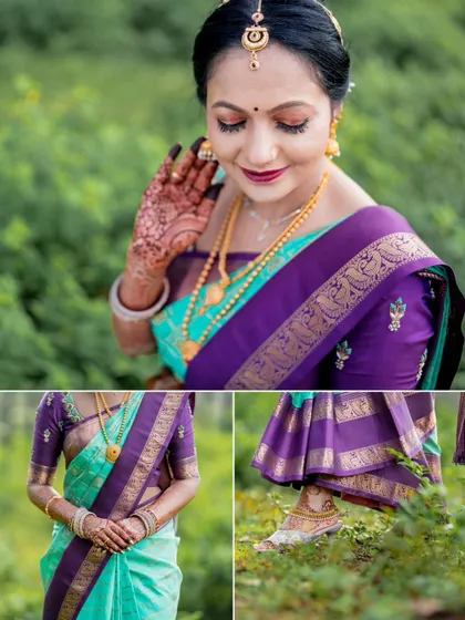 A collage focusing on the details of a bride's look, from her makeup and jewelry to her elegant saree and footwear.