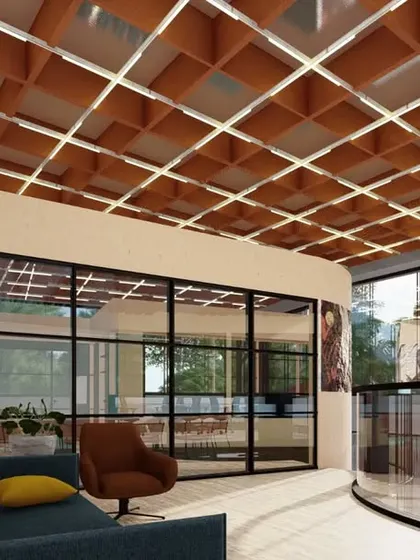 A render of the reception and lounge area for a new business center, featuring a coffered wooden ceiling and expansive glass walls.