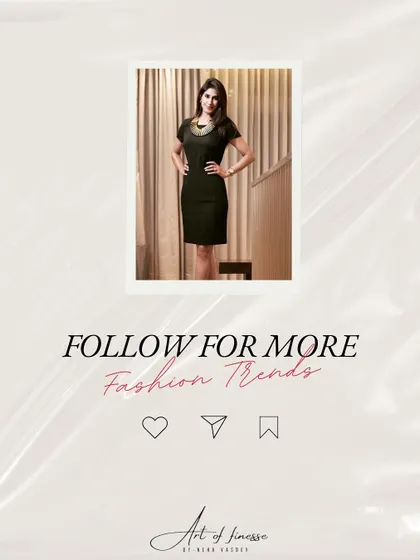 A simple call to action to follow for more fashion trends, featuring me in a classic black dress. It reinforces the idea that staying stylish is an ongoing journey.