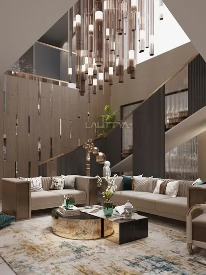 A work-in-progress shot of a double-height family lounge. This 3D render shows our vision for the space, from the dramatic chandelier drop to the layered staircase detail, before it becomes a reality.