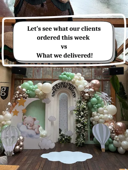 From the client's vision to our delivery. This "Our Greatest Adventure Begins" theme for a baby's party featured a dreamy sky backdrop with a sleeping teddy bear.