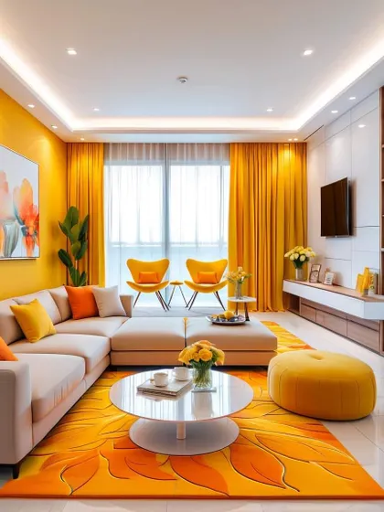 A bright and sunny living room with a cheerful yellow color scheme. The large windows and light-colored furniture make the space feel open and airy.