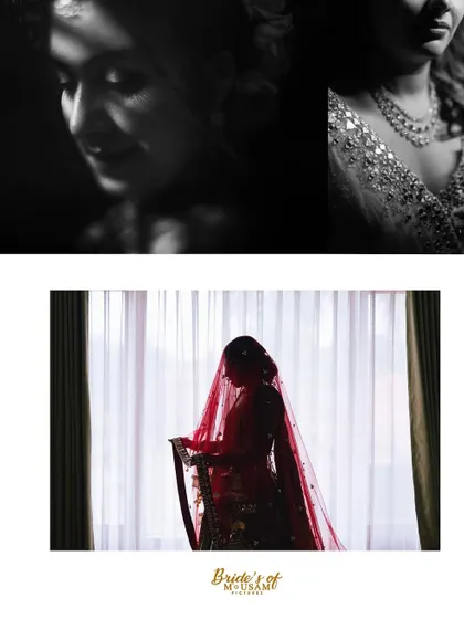 A collage of artistic bridal portraits in both black and white and color. The use of silhouettes and shadows creates a fine-art feel, perfect for the modern, discerning bride.