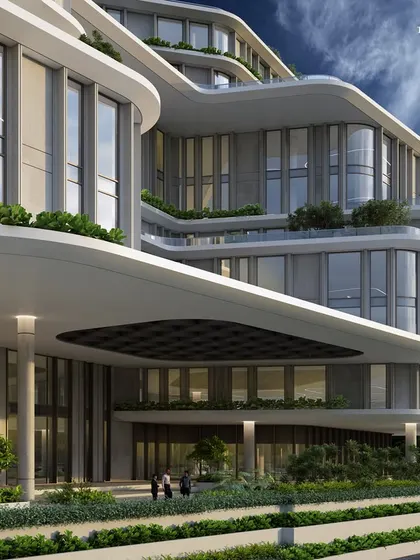 The flowing curves of this corporate headquarters redefine modern architecture. Each floor seems to float effortlessly, adorned with lush greenery that integrates sustainability with a cutting-edge, futuristic aesthetic.