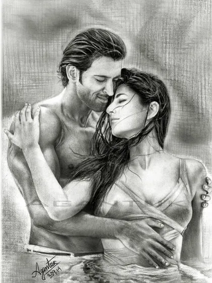 This is an older graphite pencil drawing I did, inspired by the movie 'Bang Bang'. It features Hrithik Roshan and Katrina Kaif and took me around 45 hours to complete using traditional tools like pencils and blending stumps.