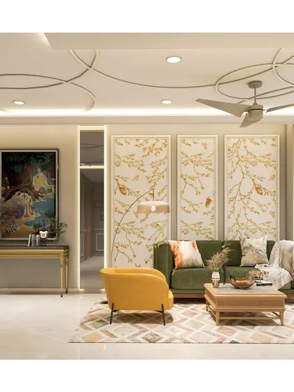 A wide view of the Ghatkopar living room concept, highlighting the custom wall panels and a mix of modern and traditional art.