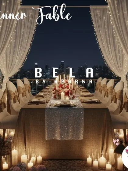 I also design intimate and romantic settings, like this dinner table for two overlooking a city skyline. The scene is set with hundreds of candles and cascading fairy lights, creating an unforgettable atmosphere for a proposal or special celebration.
