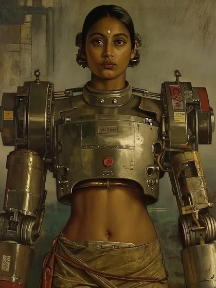 A female Yuntryodhā warrior, her body augmented with heavy mechanical arms. The Yuntryodhās are a race of warrior-engineers I created, dedicated to building a new universe.