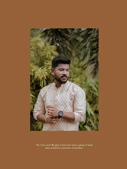 A stylish portrait of the groom, with a quote about love.