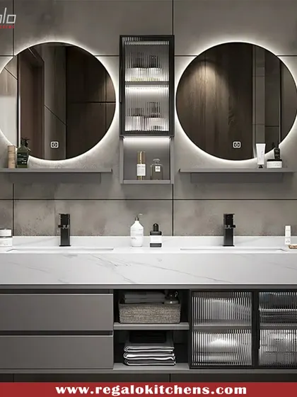 A contemporary vanity with dual backlit mirrors and a mix of open and closed storage. The fluted glass cabinet doors add texture and visual interest.