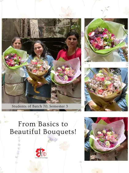 Our students from Batch 70 proudly display their hand-tied bouquets. This collage shows the variety of color palettes and flower combinations they learned to work with.