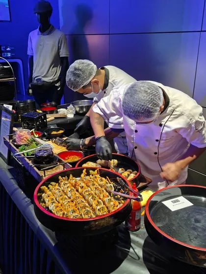 A live sushi station in full swing at the Mercedes-EQ launch. Our chefs prepare a variety of fresh sushi and maki rolls, offering a healthy, delicious, and engaging option for event attendees.