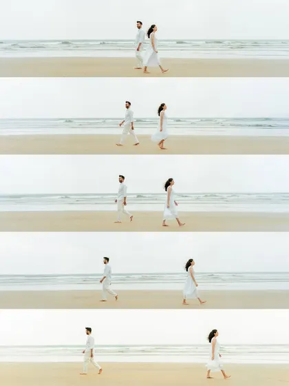 A film-strip sequence showing the couple walking towards each other on the beach, telling a simple story of coming together.