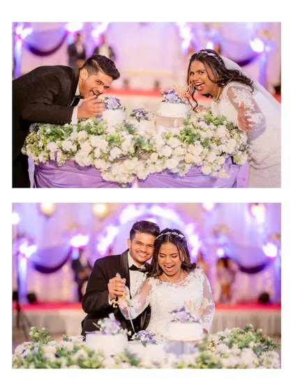 Fun and playful moments at the cake table. The bride's makeup stayed perfect through all the laughter and celebration.