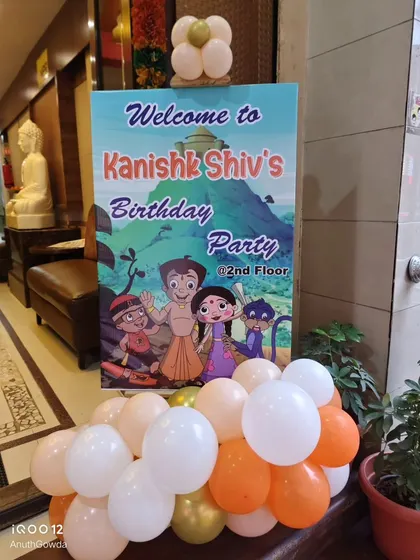 The welcome sign for Kanishk Shiv's Chota Bheem birthday party, guiding guests to the event.