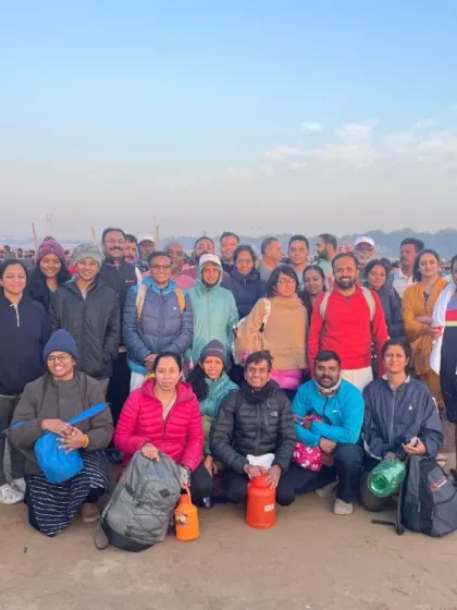 A group photo of our Yogavijnana family during our spiritual yatra to the Maha Kumbh Mela in Prayagraj.