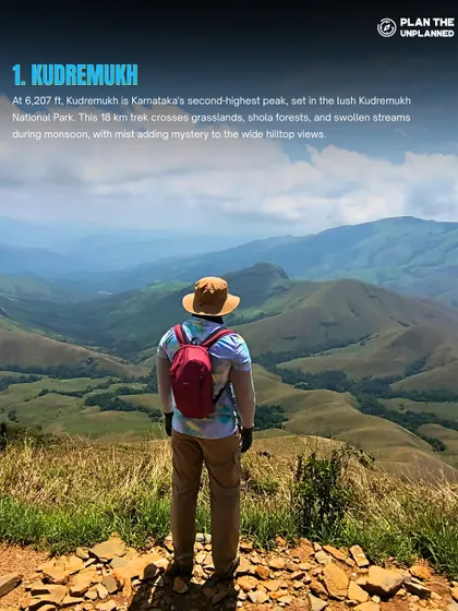 A trekker stands overlooking the rolling green hills of Kudremukh, one of Karnataka's highest peaks. This is the moment of peace and perspective we chase, a reward that makes every step of the climb worthwhile.