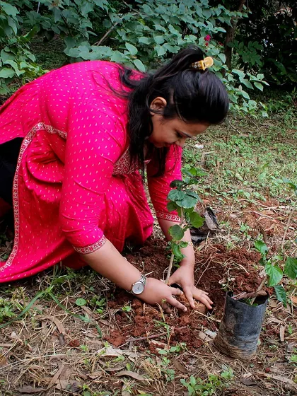 A woman lovingly plants a hibiscus sapling, contributing to the biodiversity of our campus. This act of seva is a direct way to care for Mother Earth.