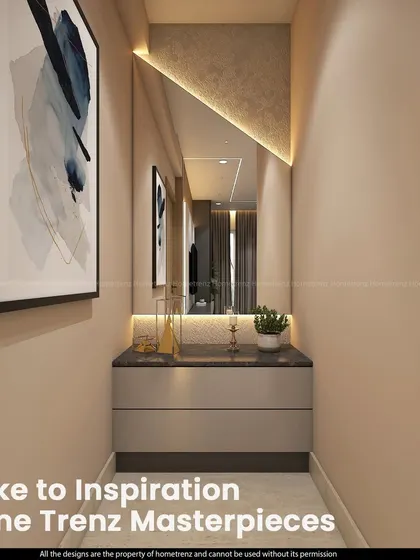 This vanity nook is designed for a compact hallway space. The floating drawers provide storage, while the angled, back-lit mirror adds a touch of modern design.