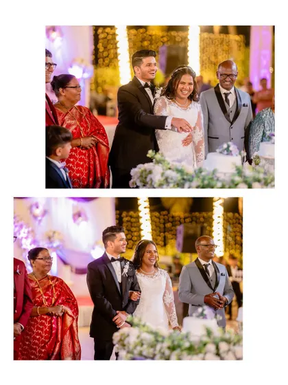 A collage of happy moments from the cake cutting ceremony. Eliza's radiant smile shows how confident and beautiful she felt all through her reception.