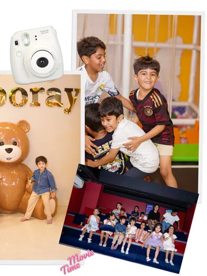 A collage of happy moments from a birthday party, including kids enjoying the play area and our private cinema. These are the memories we love to create.