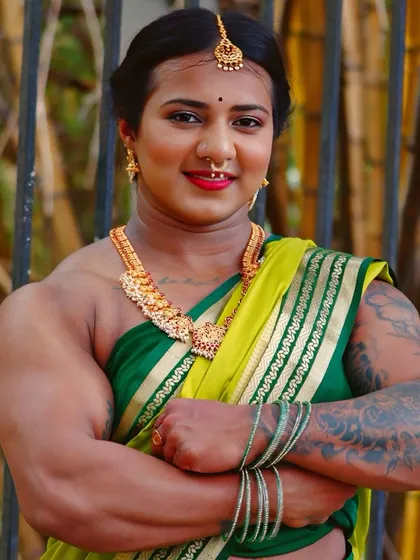 Adorned with traditional jewelry and a vibrant green saree, this photo captures a moment of confident poise. It demonstrates how strength training builds a powerful posture and presence.