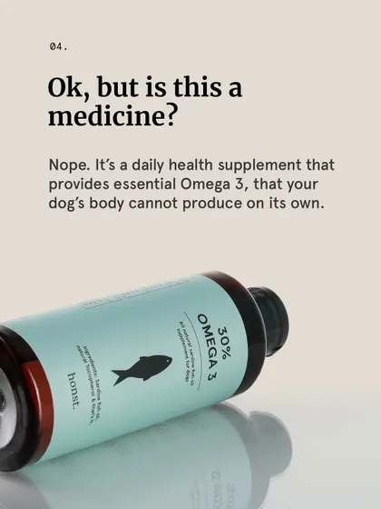 Is our fish oil a medicine? No, it's a daily health supplement. This graphic clarifies that it provides the essential Omega-3s that your dog's body needs but cannot produce on its own.
