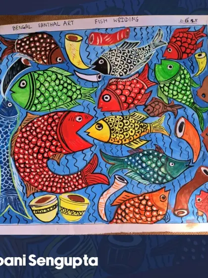 Sarbani Sengupta's beautiful "Fish Wedding" painting. The intricate details and vibrant colors are a testament to the richness of this folk art style.