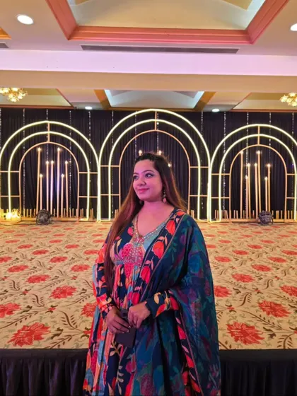 Back in my vibrant, multi-colored Anarkali, ready for another Sangeet. Reusing and restyling outfits is not just sustainable but also allows me to connect a signature look with my brand.