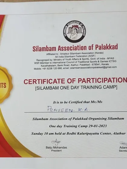 This is my participation certificate from a one-day Silambam training camp organized by the Silambam Association of Palakkad. I believe in constantly learning and adding new skills to my coaching.