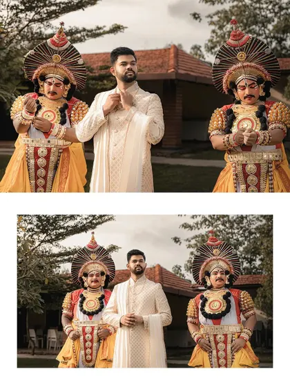A unique portrait of the groom with traditional Yakshagana performers. This shows a beautiful blend of personal style and rich cultural heritage at the wedding.