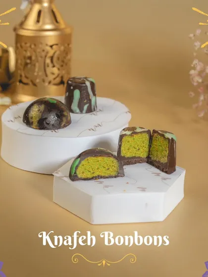 These are my Knafeh Bonbons, a unique fusion dessert perfect for Diwali. They capture the essence of the traditional Middle Eastern sweet in a beautiful, bite-sized chocolate bonbon.