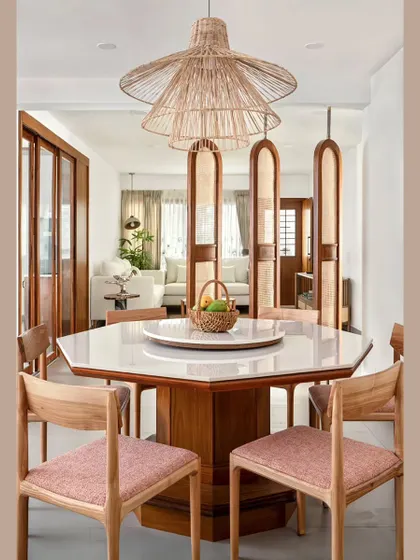 The refurbished octagonal dining table, originally crafted by the client's late father. I restored it with a fresh veneer, a new quartz top, and a lazy susie, preserving its sentimental value while updating its function.