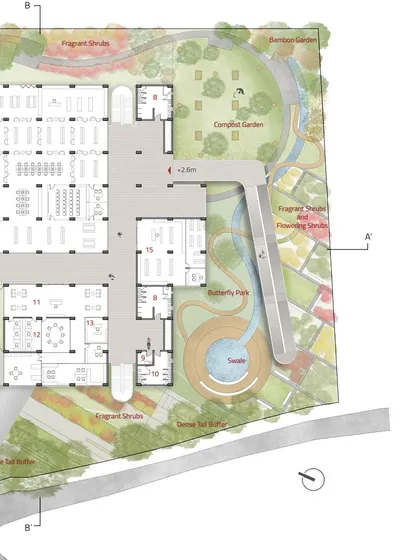 The ground floor plan of the COE, showing the integration of the building with the landscape, including a butterfly park, compost garden, and bioswales.