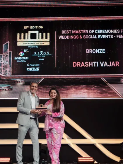 Receiving the Bronze award for 'Best Master of Ceremonies for Weddings & Social Events' at the 15th edition of WOW Awards Asia. Consistent recognition from the industry's best is what I strive for.