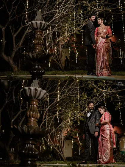 A collage of the couple posing by a fountain with fairy lights at their reception.