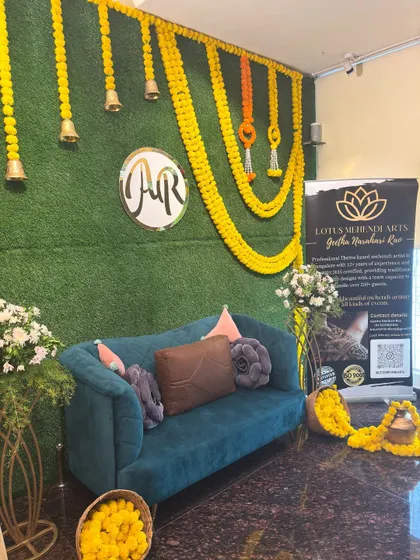 My setup for Aditi’s mehendi day, ready to welcome and adorn over 40 guests. A comfortable and festive space is key for a great mehendi party.