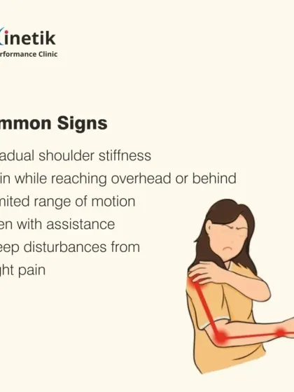 The common signs of a frozen shoulder include gradual stiffness, pain when reaching overhead or behind your back, and a limited range of motion even with assistance. Many people also experience sleep disturbances due to night pain.
