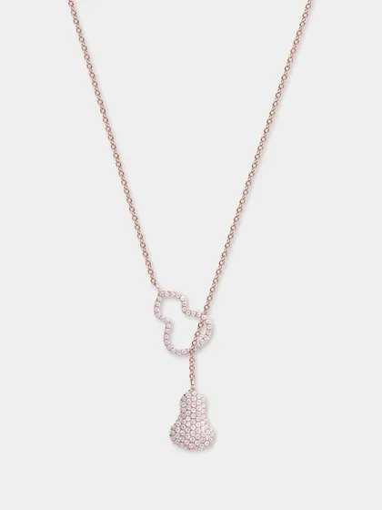A unique rose gold lariat-style necklace with crystal-studded pendants. The product is perfectly centered and lit to show all its details.