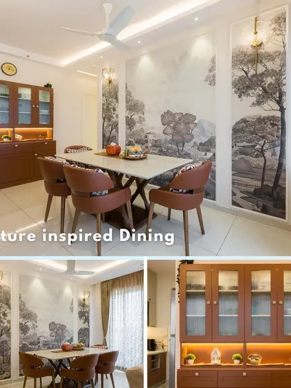 A nature-inspired dining room with a beautiful landscape wallpaper, a large wooden crockery unit, and warm lighting to create a serene atmosphere.