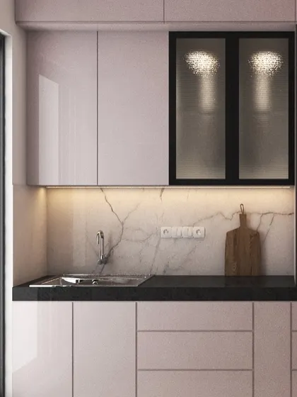 This 3D kitchen visual shows a clean and minimalist design with glossy pinkish cabinets, a marble backsplash, and under-cabinet lighting. It's a practical layout designed for modern living.