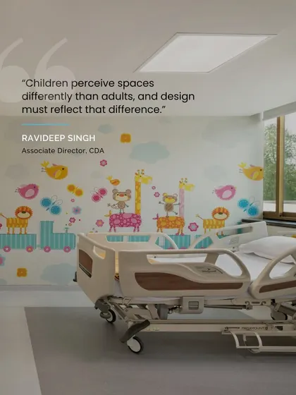 Designing for children requires a different perspective. This pediatric patient room features a playful wall mural and large windows to create a calming, familiar, and non-intimidating environment that helps young patients feel more at ease.