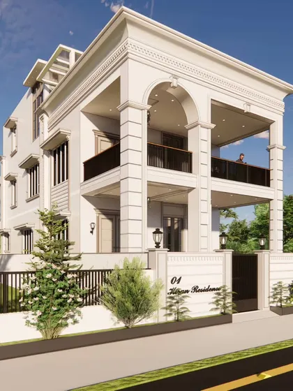 A street view of the classical villa, showcasing its symmetrical design and the harmonious integration of large windows for natural light. The design is both elegant and energy-efficient.